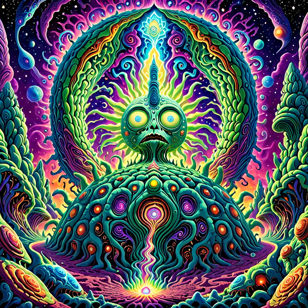 rick and morty in a DMT dream, humoristic illustration 