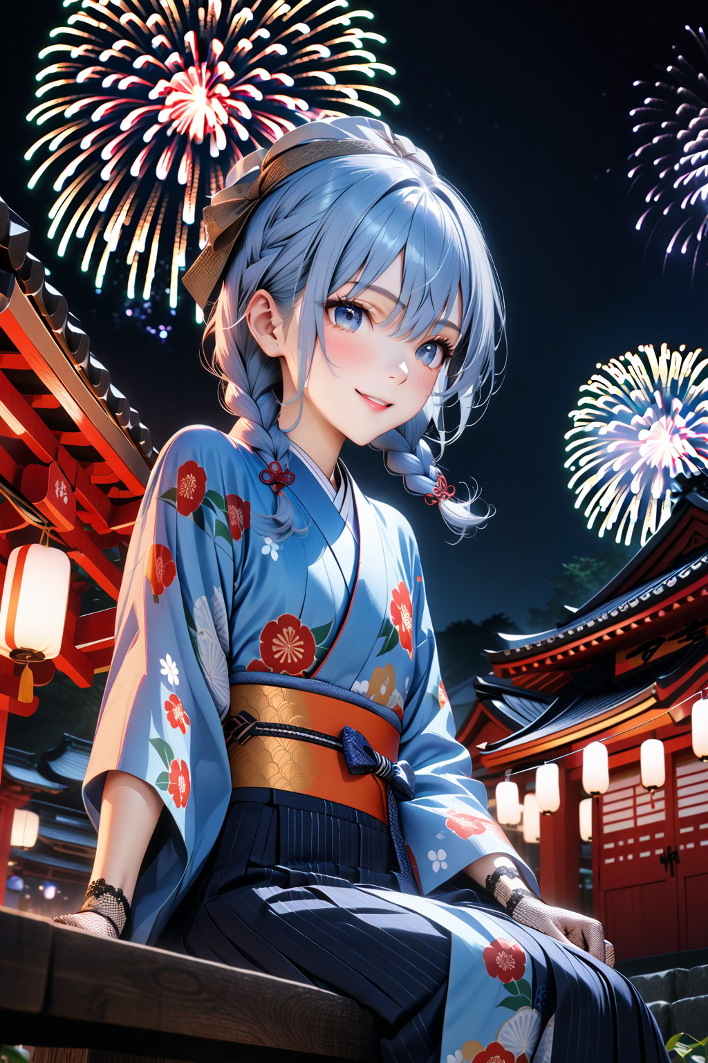 masterpiece, sharpness, high quality, perfect anatomy, highres, unity 8k wallpaper, ultra detailed eyes, super detailed skin, detailed skin, 4k, detailed hair, detailed beautiful eyes, CG rendering, real, 2.5D, 2D, detailed hands, SuiseiKimono, very small chest, twin braid, blue kimono, flower print, sash, hakama skirt, fishnet gloves, smile, outdoors, shrine, festival, night, Fireworks, sitting,