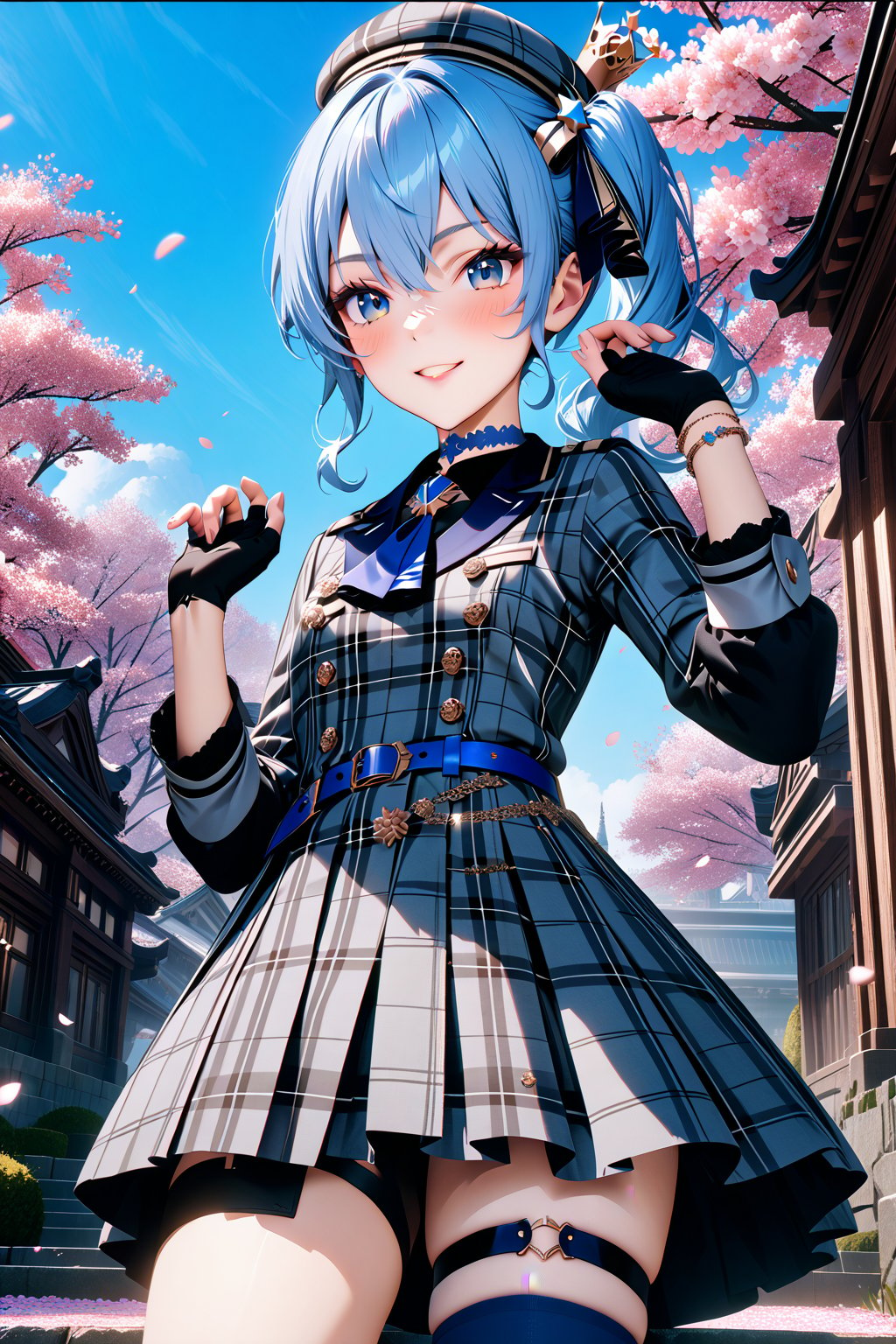 masterpiece, sharpness, high quality, perfect anatomy, highres, unity 8k wallpaper, ultra detailed eyes, super detailed skin, detailed skin, 4k, detailed hair, detailed beautiful eyes, CG rendering, real, 2.5D, 2D, detailed hands, SuiseiBase, side ponytail, hoshimachi suisei, fingerless gloves, single thighhigh, jewelry, single sock, thigh strap, bracelet, blue socks, buttons, single kneehigh, plaid dress, blue choker, blue belt, plaid skirt, plaid beret, mini crown, grey skirt, blue ascot, long sleeves, plaid jacket, smile, outdoors, blue sky, architecture, cherry blossoms, petals,