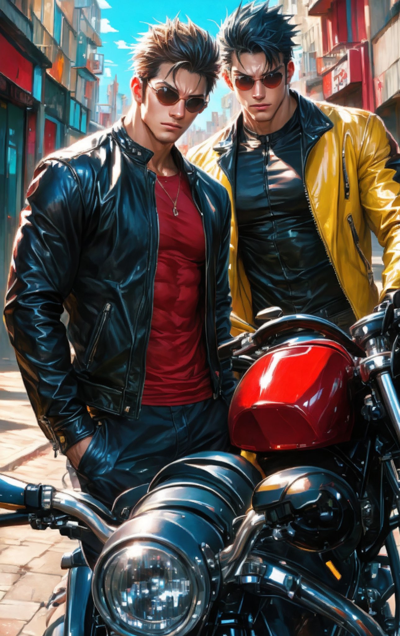 couple focus,two male charming motobikers with opened yellow black striped leather jacket and goggles, riding a motorbike,showing  their  chiseled muscles and chest, bara men, gengoroh tagame anime style, in the style of street art aesthetic, cute cartoonish designs, photo-realistic techniques, dark red, childhood arcadias, anime aesthetic, cartoon-like figures 