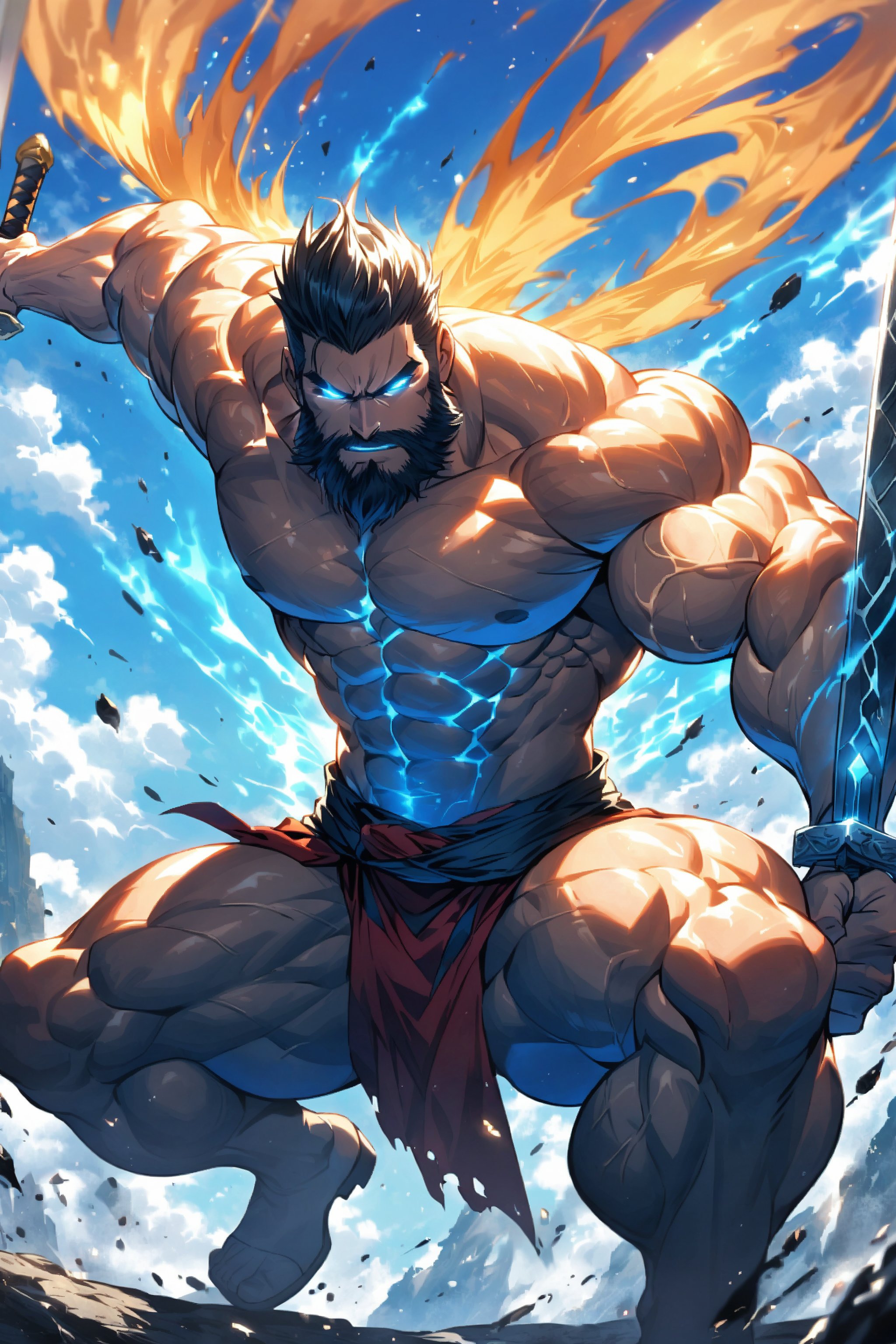 In a dramatic shot, the beefy handsome bearded  man fighter  stands at the peak of their approach, muscles tensed as if ready to spring into action. Framed by a bright blue sky, his chiseled physique appears coiled like a spring about to unleash its force. A shimmering blue aura surrounds him, accompanied by glowing eyes that seem to pierce through the atmosphere. With a strong two-handed sword at the ready, he exudes confidence and power as he prepares for battle.