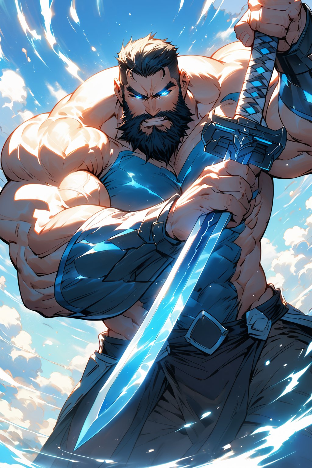 In a dramatic shot, the beefy handsome bearded  man fighter  stands at the peak of their approach, muscles tensed as if ready to spring into action. Framed by a bright blue sky, his chiseled physique appears coiled like a spring about to unleash its force. A shimmering blue aura surrounds him, accompanied by glowing eyes that seem to pierce through the atmosphere. With a strong two-handed sword at the ready, he exudes confidence and power as he prepares for battle.