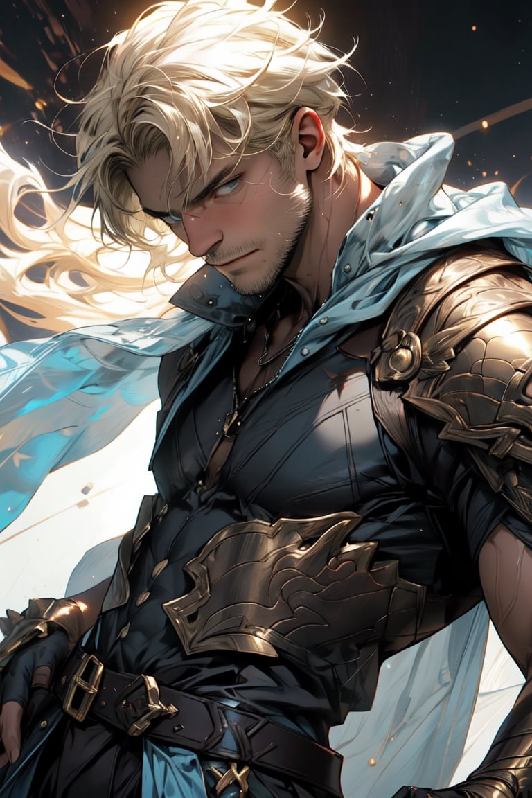 A muscular, male figure with light blonde hair, partially obscuring his face, stands powerfully against a cosmic background. He has a glowing halo above his head. The character is shirtless, wearing intricate golden armor on his forearms and a white and blue draped cloth around his waist.Pectoral focus. Wet. Sensual. 40 year old muscular man. The scene is imbued with light and fantastical elements.Lower angle, exagered perspective 