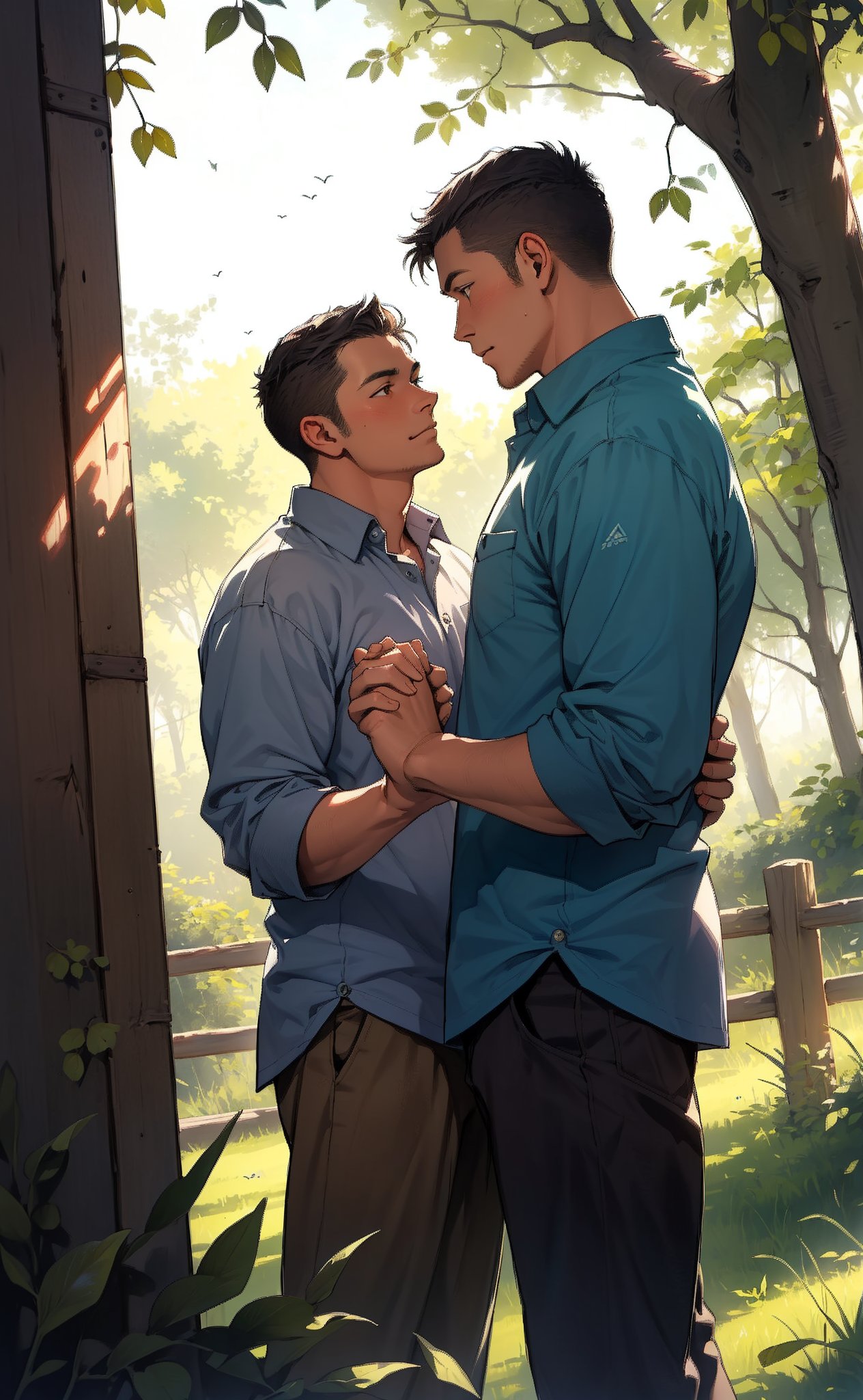 A medium shot captures a candid moment between two men, their faces lit by soft afternoon sunlight filtering through a wooden fence. They stand together, hands clasped in a gesture of camaraderie, surrounded by lush greenery and rustic wooden posts. watercolor, ,men focus,penink