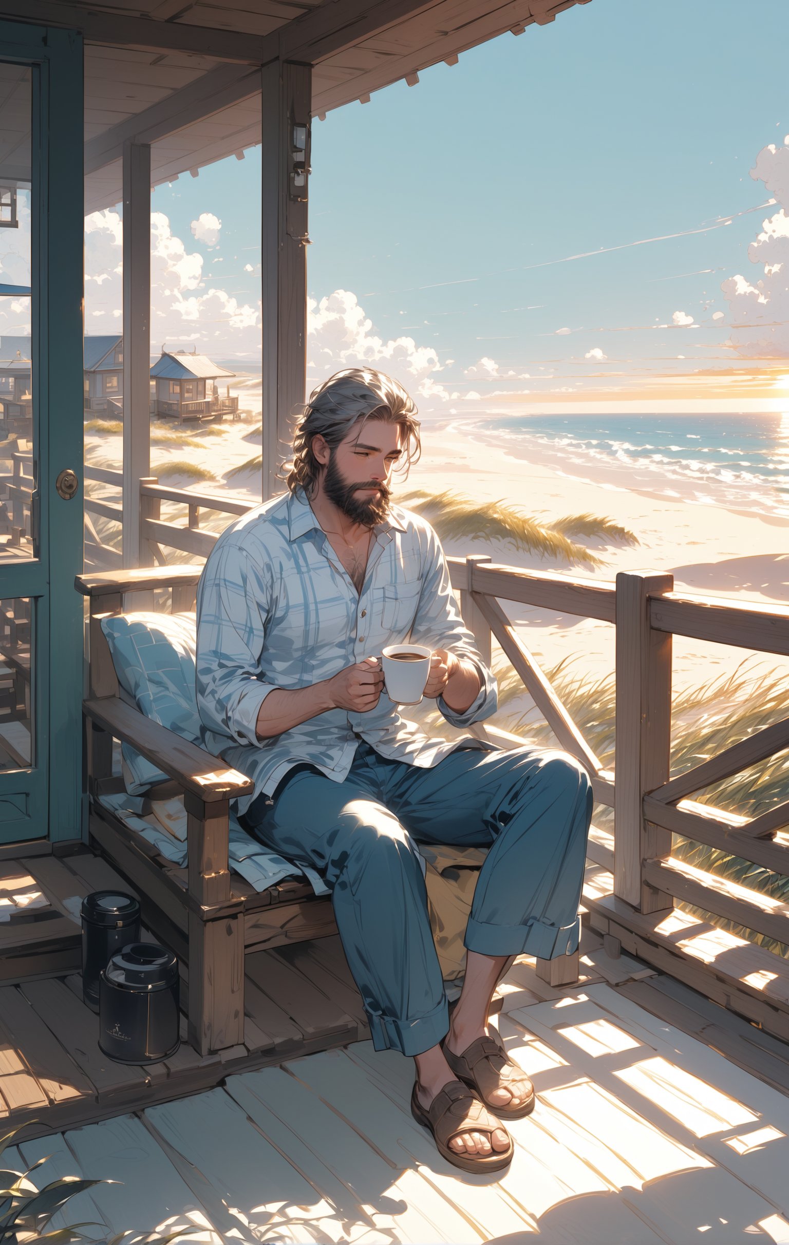 A serene twilight scene: A charming bearded man, dressed in casual attire, sits comfortably on the porch of a coastal house perched above the sandy beach. He cradles a steaming cup of coffee in one hand, as the golden hues of sunset gradually give way to the soft blue tones of dusk. The warm glow of the setting sun casts long shadows across the porch and the surrounding dunes, while the sound of gentle waves crashing against the shore provides a soothing background hum.