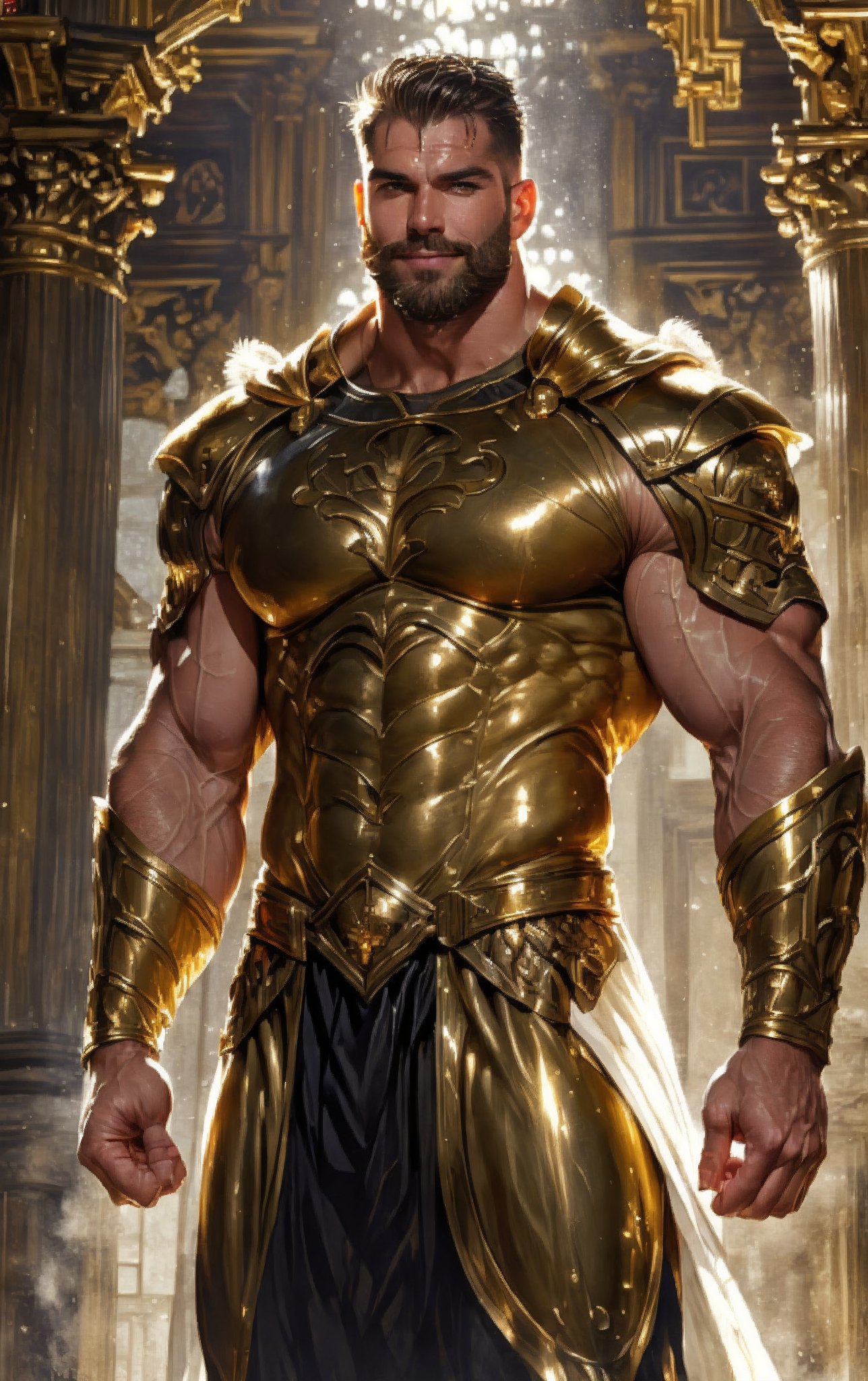 solo focus, single,smiling  wet muscular furry  handsome bearded man with a golden armor and white wings ,background a baroque hall with gold and black emblemas,,lower angle,,dynamic shot,dynamic point of view,,,REALISTIC,SDXL 1.0,CONCEPT CHARACTER,MALE,MODEL