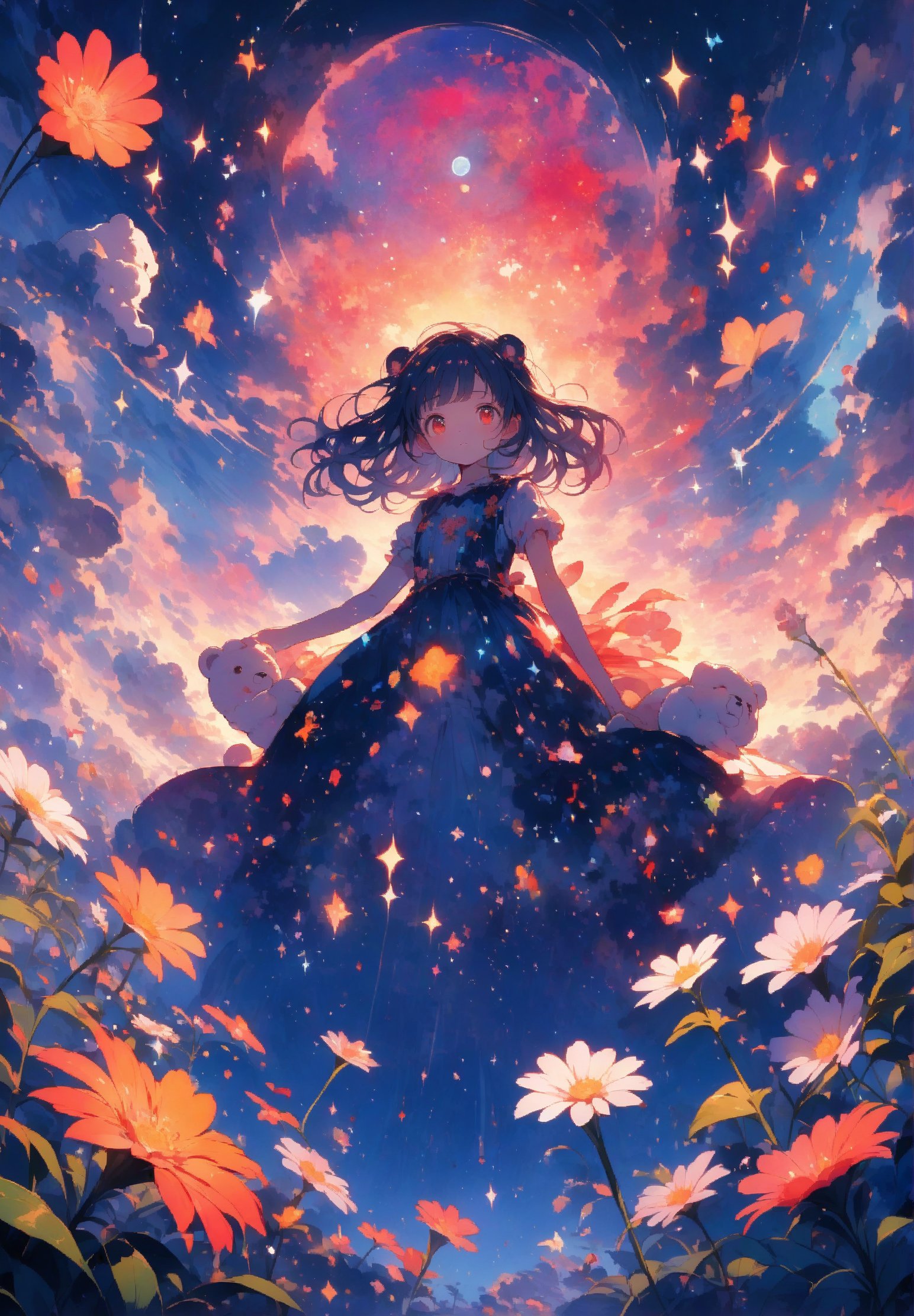 In a whimsical, anime-inspired setting, a petite girl slumbers on the back of a colossal white bear amidst a lush field of daisies. The scene is bathed in soft, watercolor hues of twilight, with the fantasy sky above featuring vibrant shades of red and orange. From a high-angle shot, the viewer gazes down upon the tranquil scene, while from a low angle, the perspective shifts to emphasize the enormous bear's gentle features. The 8K resolution showcases intricate details, as the cartoon world comes alive in this fantastical landscape.