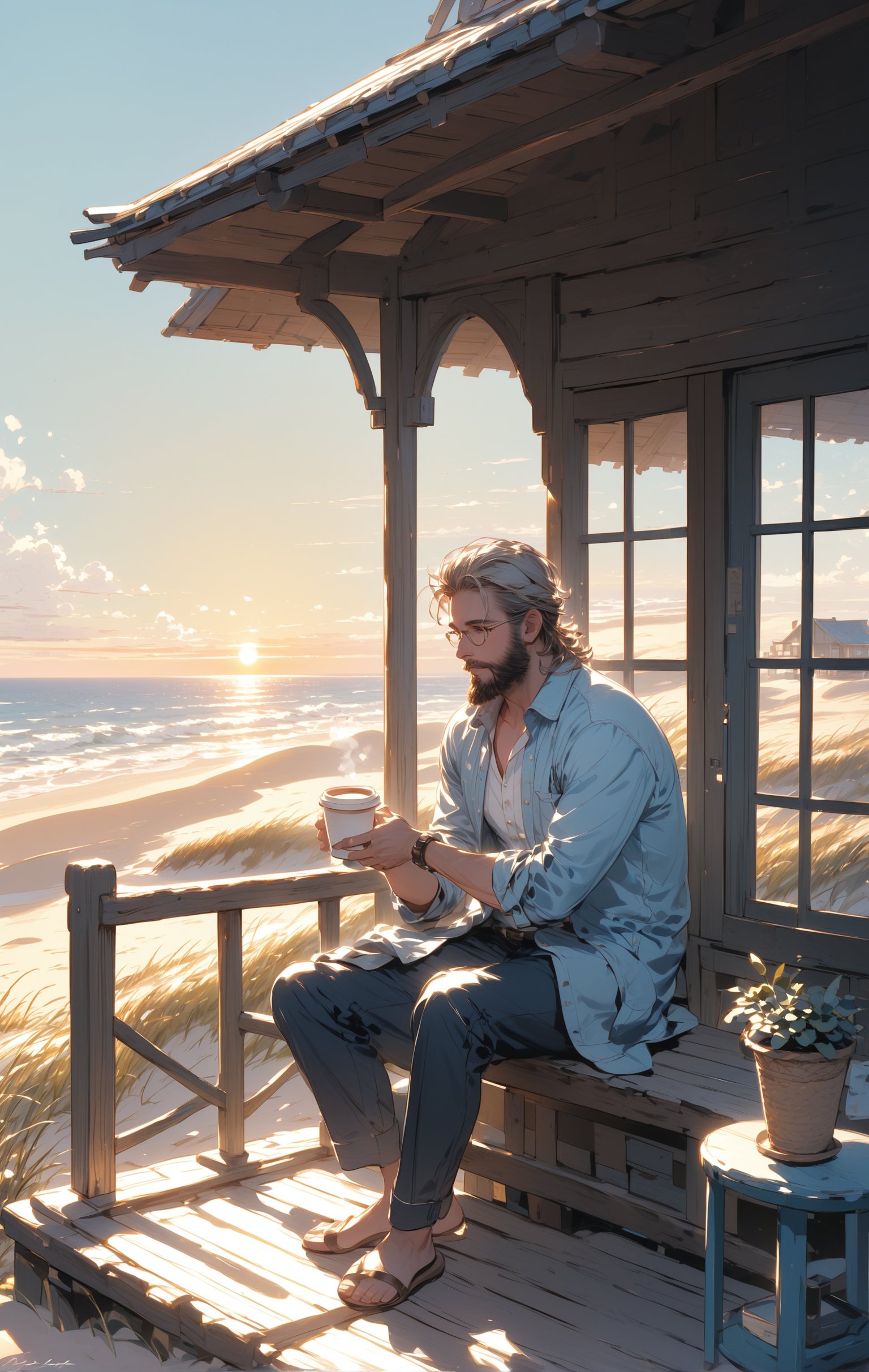 A serene twilight scene: A charming bearded man, dressed in casual attire, sits comfortably on the porch of a coastal house perched above the sandy beach. He cradles a steaming cup of coffee in one hand, as the golden hues of sunset gradually give way to the soft blue tones of dusk. The warm glow of the setting sun casts long shadows across the porch and the surrounding dunes, while the sound of gentle waves crashing against the shore provides a soothing background hum.