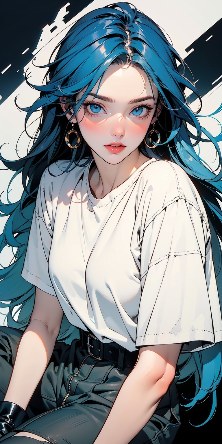 masterpiece, best quality, beautiful eyes, clear eyes, detailed eyes, Blue-eyes, 1girl, 20_old, full-body, break, smoking, break, high_color, blue-hair, beauty, black-boots,break, break, Flat vector art, Colorful art, white_shirt, simple_background, blue_background, Ink art,peeking out upper body,Eyes, 