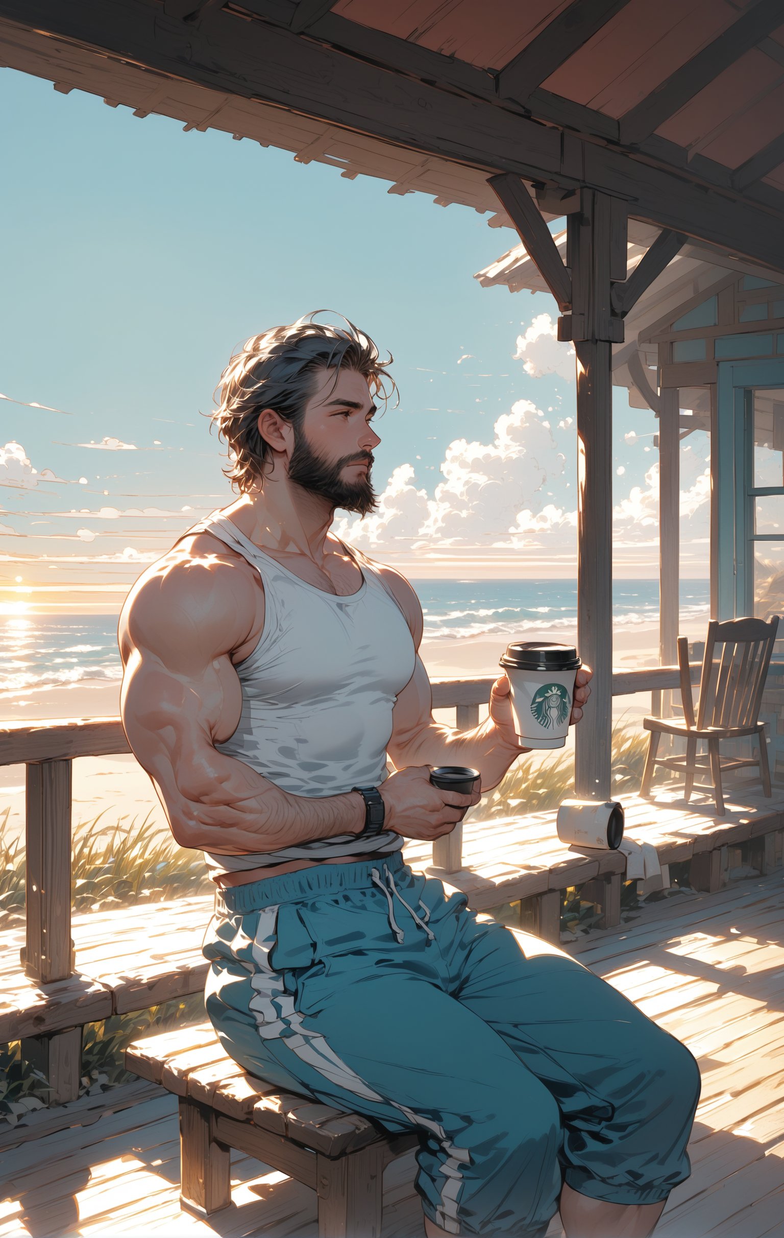 A serene twilight scene: A charming bearded man, dressed in tank top and gym pants red with stripes, muscular, black short hair, masculine, beefy, , sits comfortably on the porch of a coastal house perched above the sandy beach. He cradles a steaming cup of coffee in one hand, as the golden hues of sunset gradually give way to the soft blue tones of dusk. The warm glow of the setting sun casts long shadows across the porch and the surrounding dunes, while the sound of gentle waves crashing against the shore provides a soothing background hum.