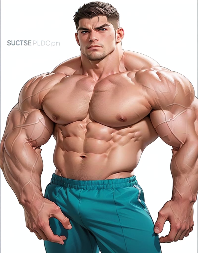 A powerful, imposing figure stands confidently in a well-lit studio setting, showcasing his robust physique. His broad shoulders and defined chest muscles are accentuated by a subtle shadowing effect, highlighting the contours of his brawny frame. A hint of flexed intensity radiates from his chiseled features, exuding confidence and strength.