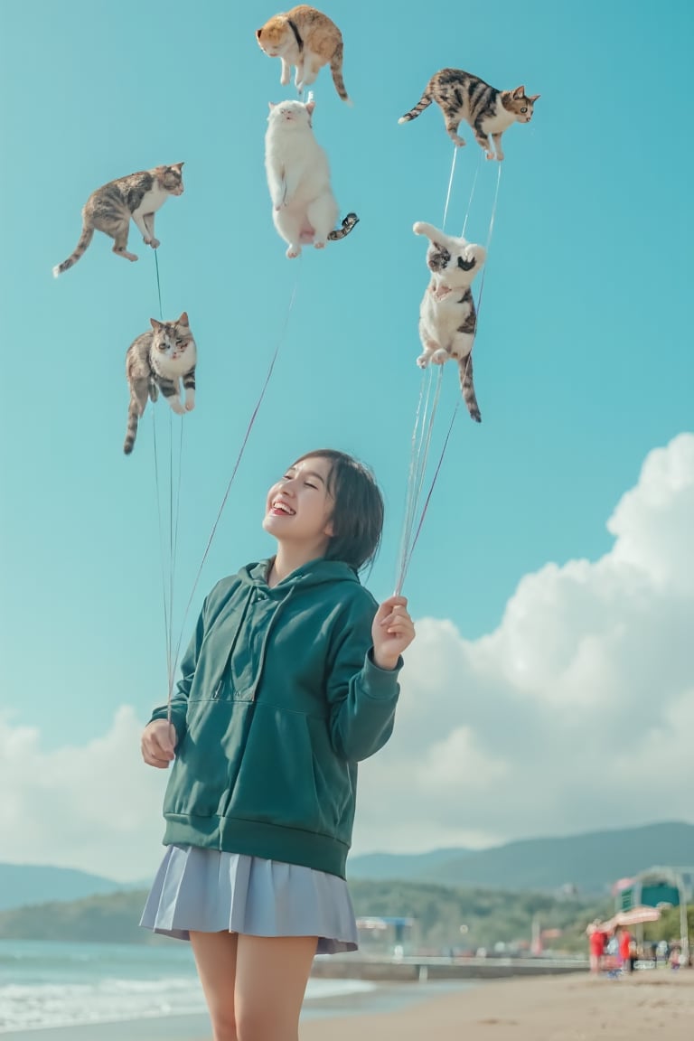 low angle perspective of a cheerful teenage girl of Asian descent with short hair, dressed in a school uniform with a short skirt and a green hoodie jacket. She is holding multiple strings firmly in her hand, leading up into a clear blue sky, where various cats are suspended and gently swaying. The background shows a bright sky and a busy pier, with soft pastel tones enhancing the whimsical and surreal vibe.