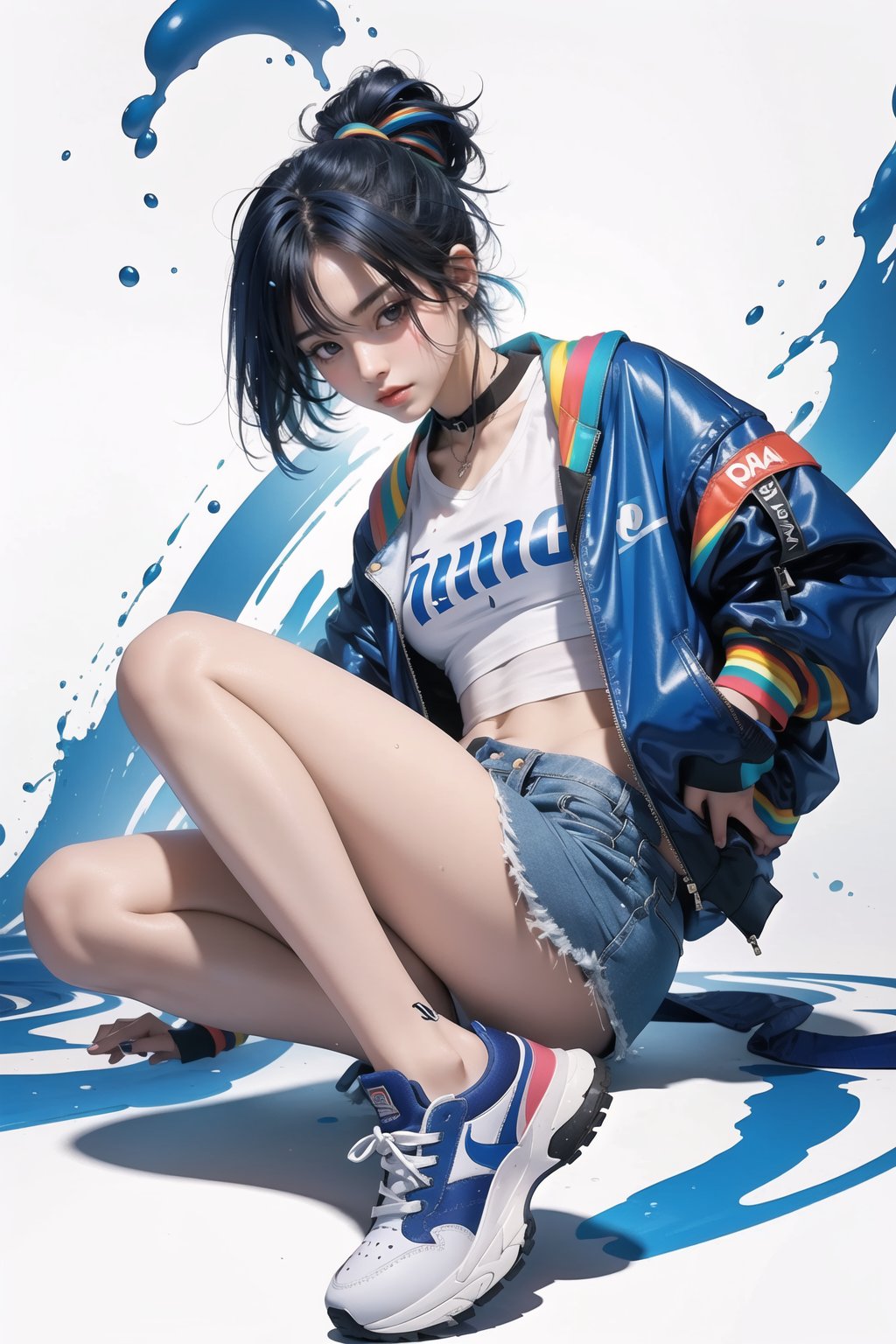 korea girl 22 year old,  ultramarine light sleek pixie shorts hair style,  wearing oversize rainbow jacket bomber m1 by sA...