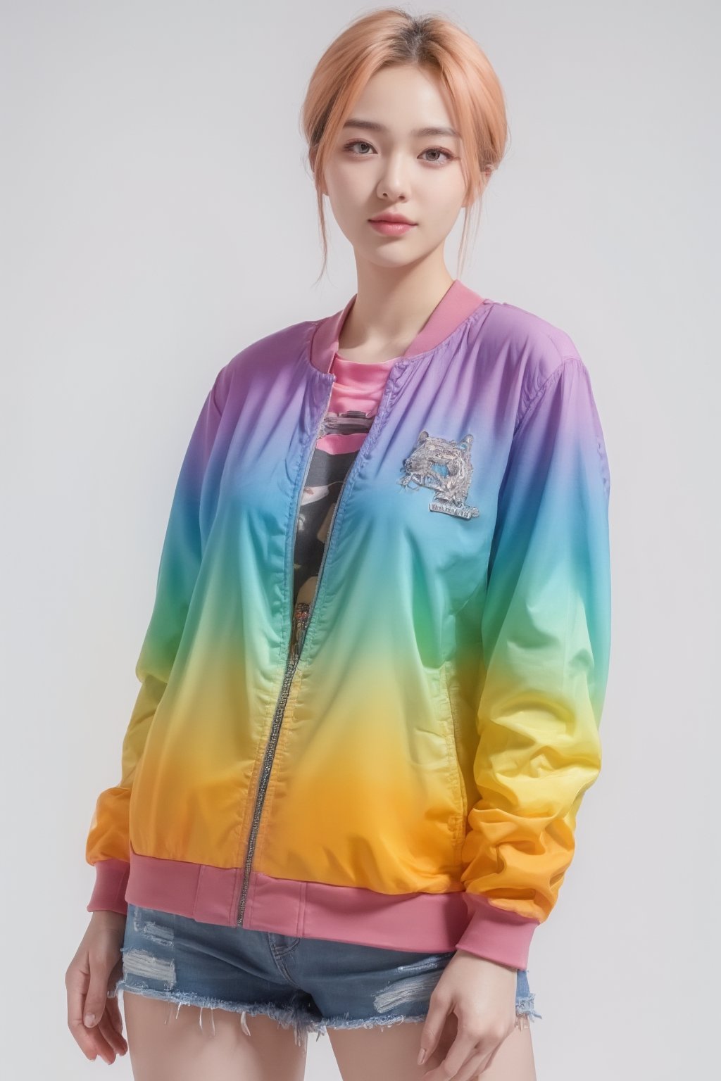 korea girl 22 year old, pink sleek pixie shorts hair style, wearing oversize rainbow jacket bomber m1, shorts bluejeans, 