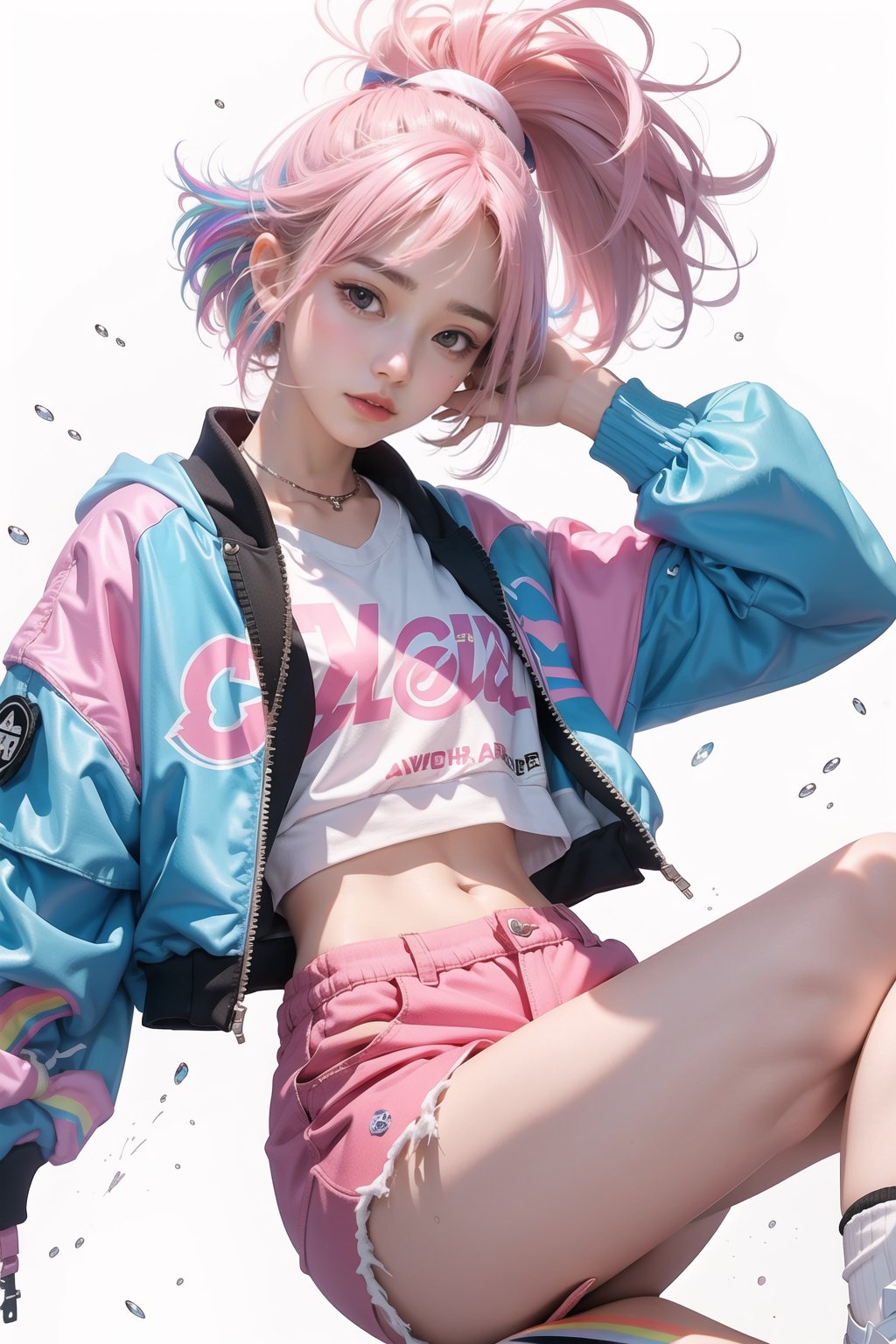 korea girl 22 year old, pink sleek pixie shorts hair style, wearing oversize rainbow jacket bomber m1, shorts bluejeans, white sneaker, splash color on background