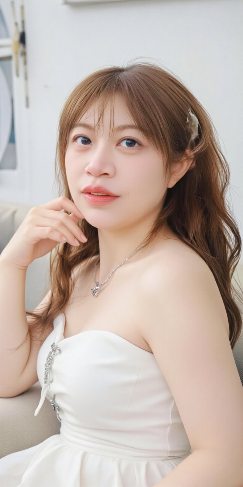 a young Asian woman,  dressed in a white strapless dress,  is seated on a beige couch. She is smiling by 70Super_Motor🛵🛵...