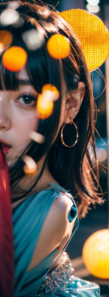 a young woman,looking at the camera, posing,ulzzang, streaming on twitch, character album cover,red moment,style of bokeh,daily wear,moody lighting,appropriate comparison of cold and warm, hair over one eye, bow on head, reality,idol,Beauty,beauty