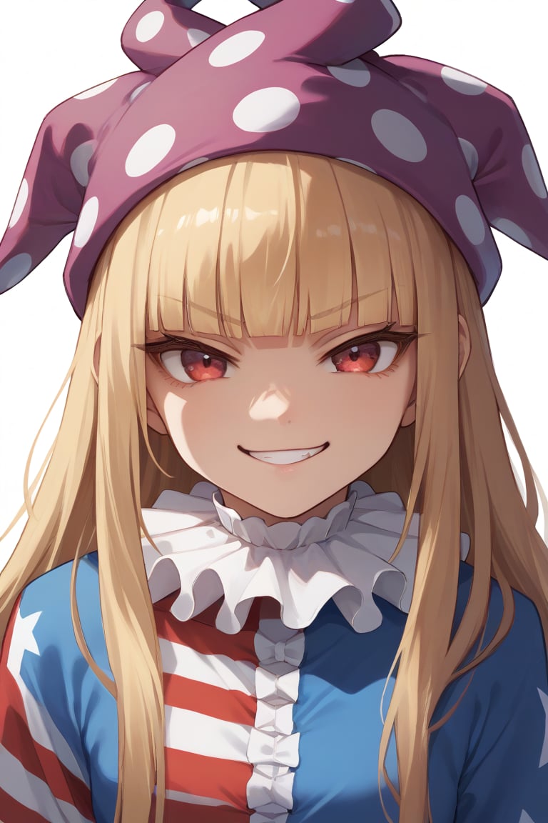 score_9, score_8_up, score_7_up, score_6_up, source_anime, 1girl, clownpiece, jester cap, neck ruff, blonde hair, long hair, red eyes, american flag dress, smirk, smug, portrait, close up, blunt bangs