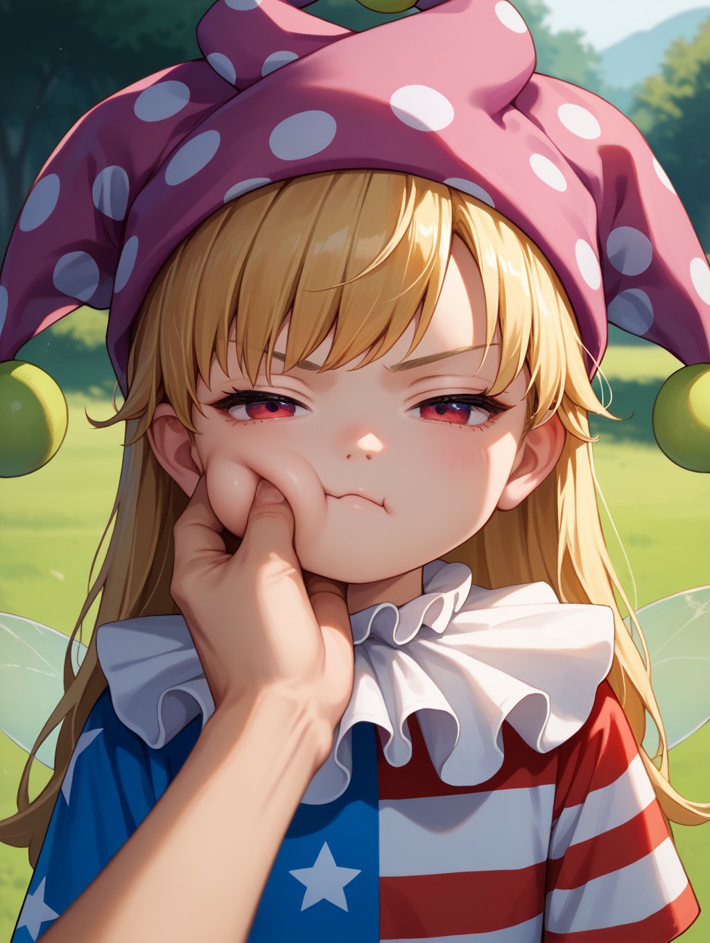 score_9, score_8_up, score_7_up, source_anime, 1girl, solo, red eyes, clownpiece, jester cap, child:0.5, neck ruff, blonde hair, long hair, american flag dress, fairy wings, pout, half closed eyes, pov, (pinching cheeks), outdoors, nature, close up