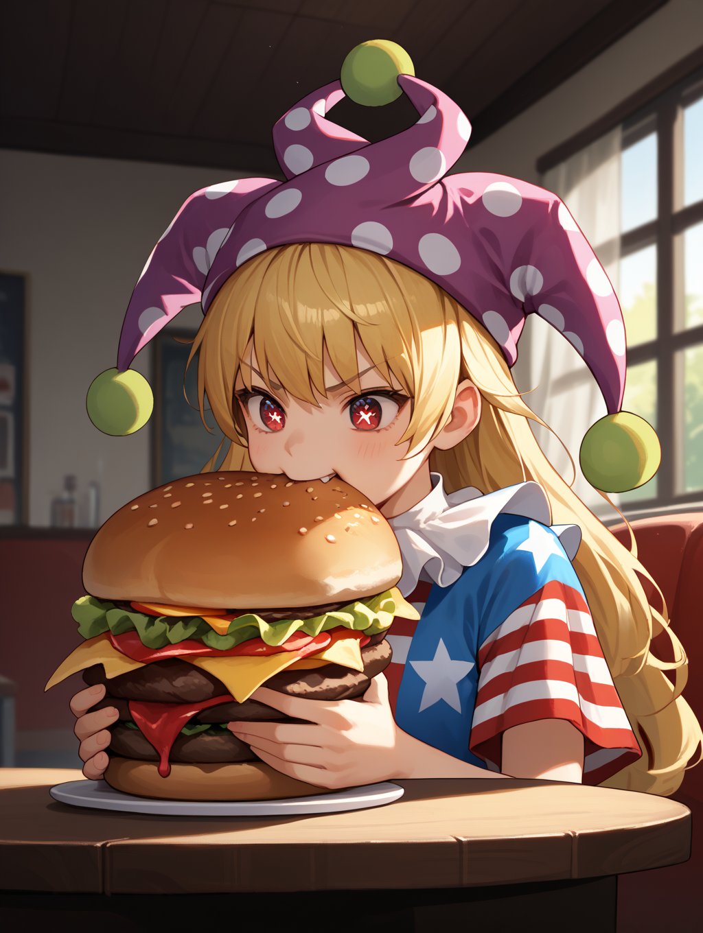 score_9, score_8_up, score_7_up, source_anime, 1girl, solo, clownpiece, jester cap, blonde hair, long hair, american flag dress, red eyes, standing, indoors, eating giant burger, upper body, table, star shaped pupils, biting, v-shaped eyebrows