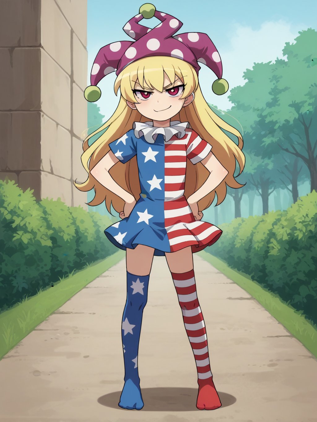 score_9, score_8_up, score_7_up, source_anime, 1girl, loli, smirk, american flag dress, short sleeves, smug, clownpiece, jester cap, neck ruff, blonde hair, long hair, american flag legwear, red eyes, thighighs, hands on hips, outdoors, nature,anime coloring