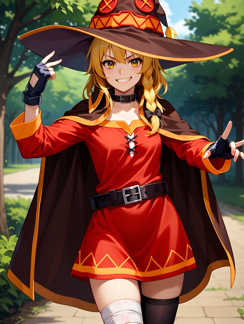 score_9, score_8_up, score_7_up, source_anime, 1girl, solo, Kirisame marisa, blonde, single braid, yellow eyes, smirk, megumin cosplay, megumin (cosplay), thighhighs, gloves, hat, dress, black gloves, belt, black thighhighs, fingerless gloves, cape, collar, witch hat, bandages, red dress, single thighhigh, asymmetrical legwear, bandaged leg, outdoors