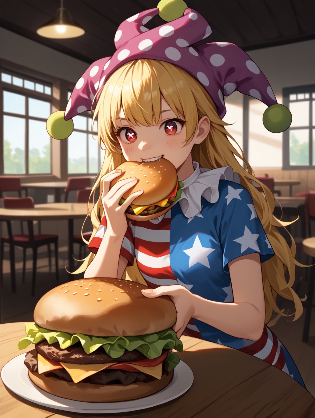 score_9, score_8_up, score_7_up, source_anime, 1girl, solo, clownpiece, jester cap, blonde hair, long hair, american flag dress, red eyes, standing, indoors, eating giant burger, upper body, table, star shaped pupils, biting