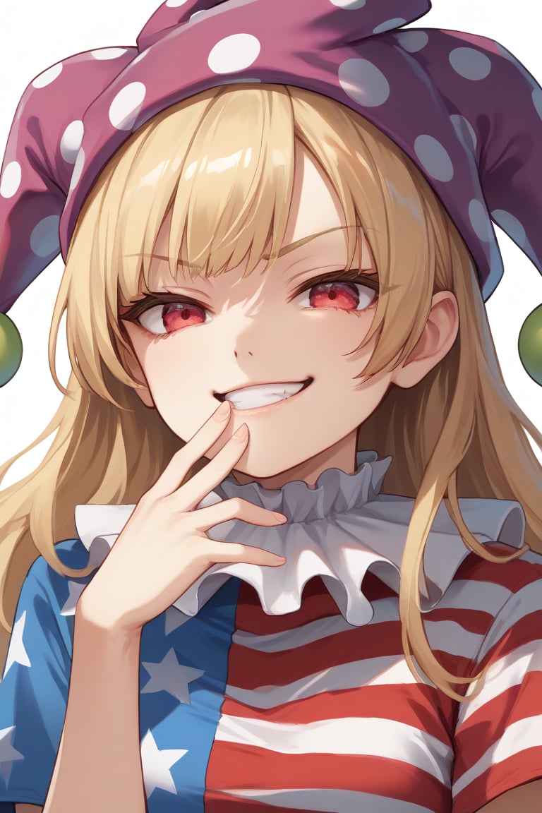 score_9, score_8_up, score_7_up, score_6_up, source_anime, 1girl, clownpiece, jester cap, neck ruff, blonde hair, long hair, red eyes, american flag dress, smirk, smug, portrait, close up, front view, hand to mouth