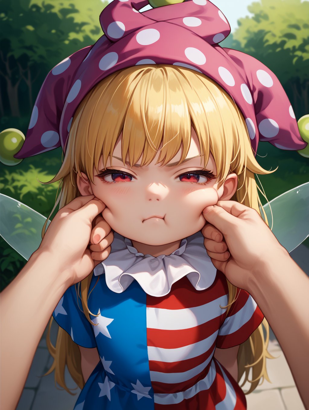 score_9, score_8_up, score_7_up, source_anime, 1girl, solo, red eyes, clownpiece, jester cap, child:0.5, neck ruff, blonde hair, long hair, american flag dress, fairy wings, pout, half closed eyes, pov, (pinching cheeks), outdoors, nature