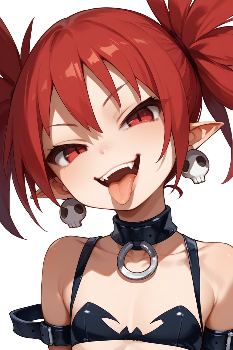 score_9, score_8_up, score_7_up, score_6_up, source_anime, 1girl, disetna, red hair,demon girl, etna outfit three, o-ring choker, skull earrings, smirk, smug, open mouth, tongue, tongue out, portrait, close up