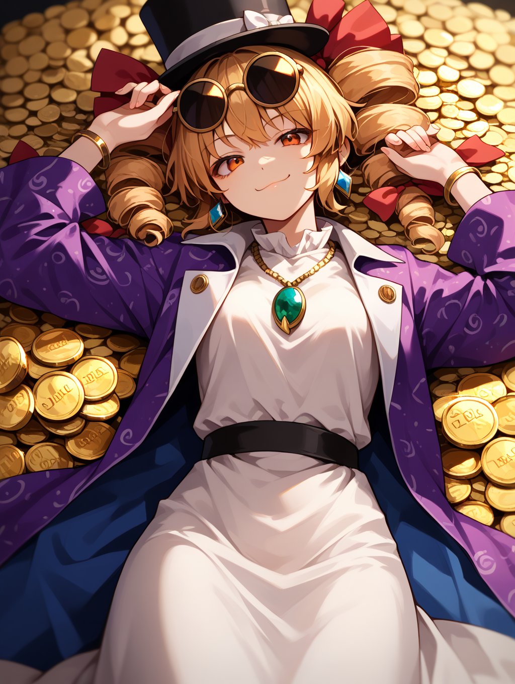 score_9, score_8_up, score_7_up, source_anime, 1girl, solo, smug smile, joon, touhou, twin_drills, glasses_on_head, white_dress, necklace, top_hat, purple_coat, black_hat, on back, lying on gold coins, gold coins, gold, gold ingots, holding coins