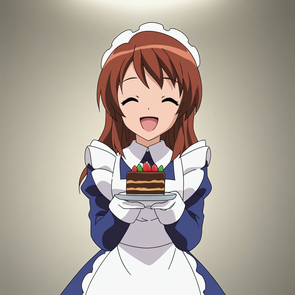 High-resolution image of Mikuru Asahina in a purple, very long maid dress with long sleeves and white thick gloves. She has a happy expression with eyes closed, celebrating her birthday in a rich house near a detailed chocolate cake. The scene is well-lit, showcasing intricate details of the dress, cake, and her joyful expression. Mikuru stands in a composed pose, with the dress flowing elegantly. The luxurious background is softly blurred to focus on her. Best quality rendering with sharp details and vibrant colors.