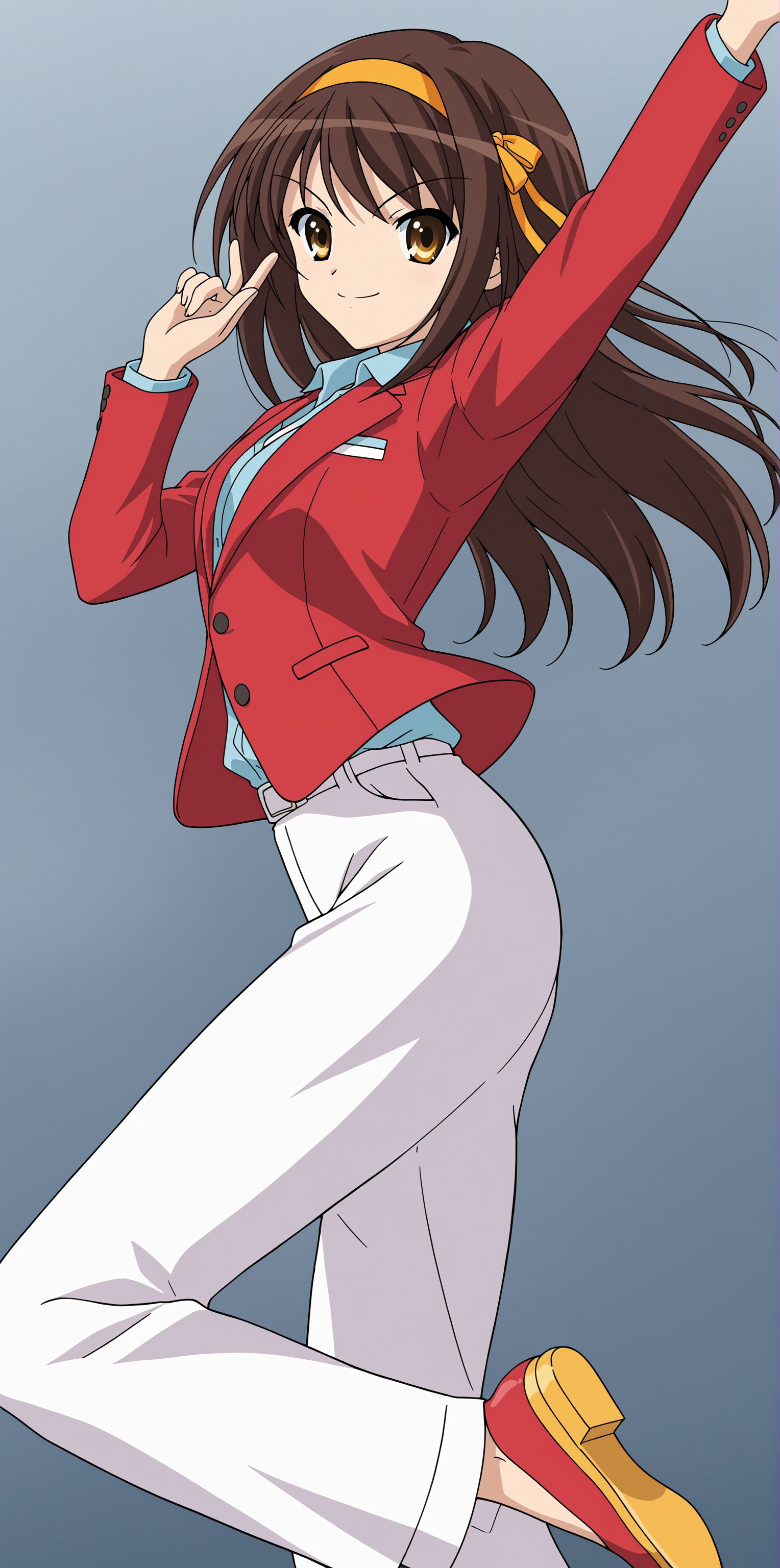 A high-resolution, best quality image of Haruhi Suzumiya with long hair, wearing a white dress shirt, red blazer, and red 70's bell-bottom pants, in a party, dancing to disco music, looking for you, and looking impeccable. The scene is softly lit with natural lighting, highlighting her detailed outfit and dynamic pose. The composition captures her from head to toe, showcasing her authoritative presence and lively demeanor. The atmosphere is vibrant and beautifully lit, emphasizing her confident expression and energetic performance.