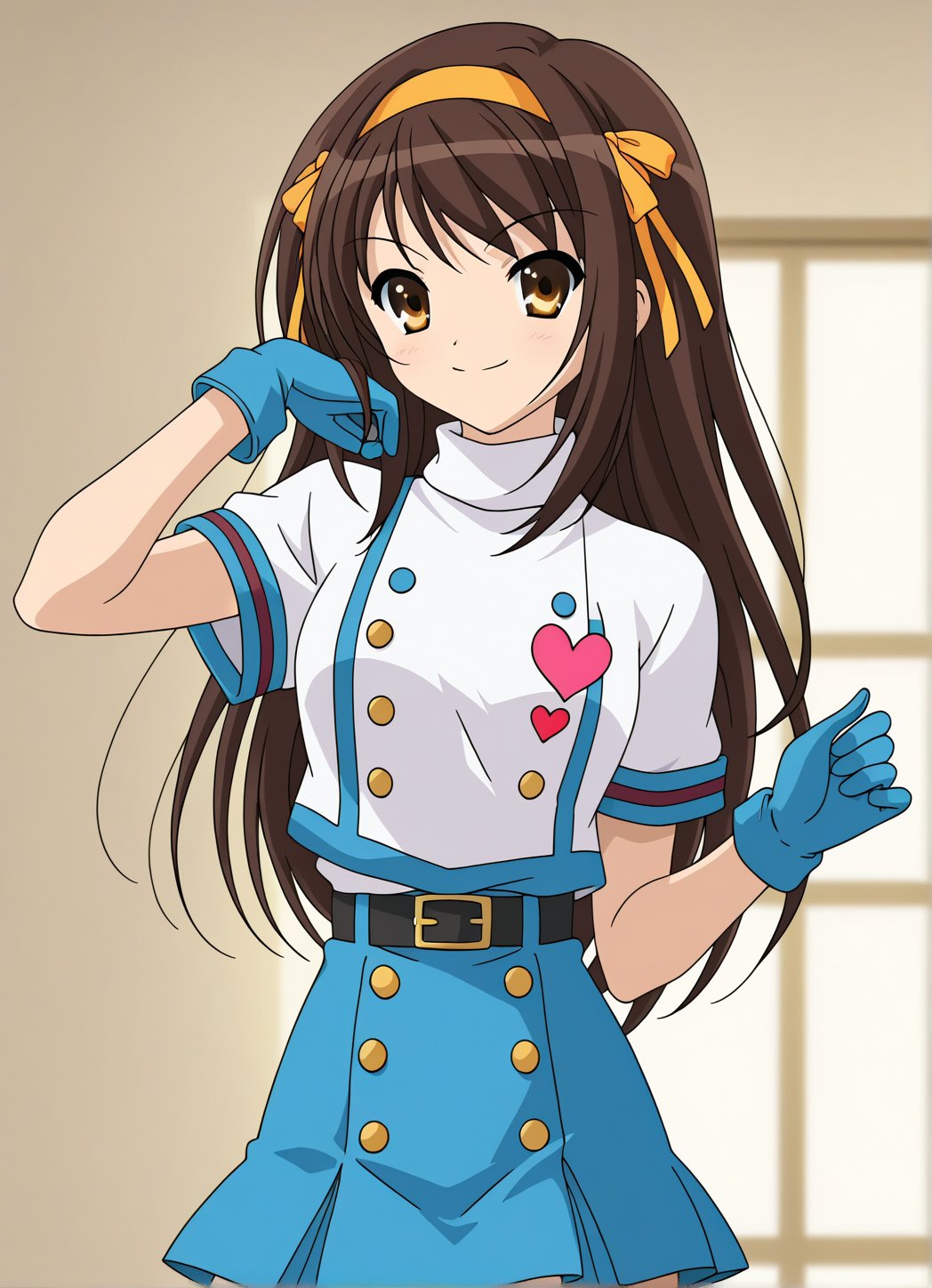 A high-resolution, best quality image of Haruhi Suzumiya with long hair, wearing a white cropped turtleneck with a colorful 80s style heart print and white short sleeves, blue skirt with a colorful heart print and gold buttons, blue thick gloves, celebrating her birthday, smiling, in silence, in a room, looking innocent, perfect, happy, being cute, and looking impeccable. The scene is softly lit with natural lighting, highlighting her detailed outfit and serene expression. The composition captures her from head to toe, showcasing her elegant attire and tranquil demeanor. The atmosphere is serene and beautifully lit, emphasizing her vibrant personality and comfortable setting.