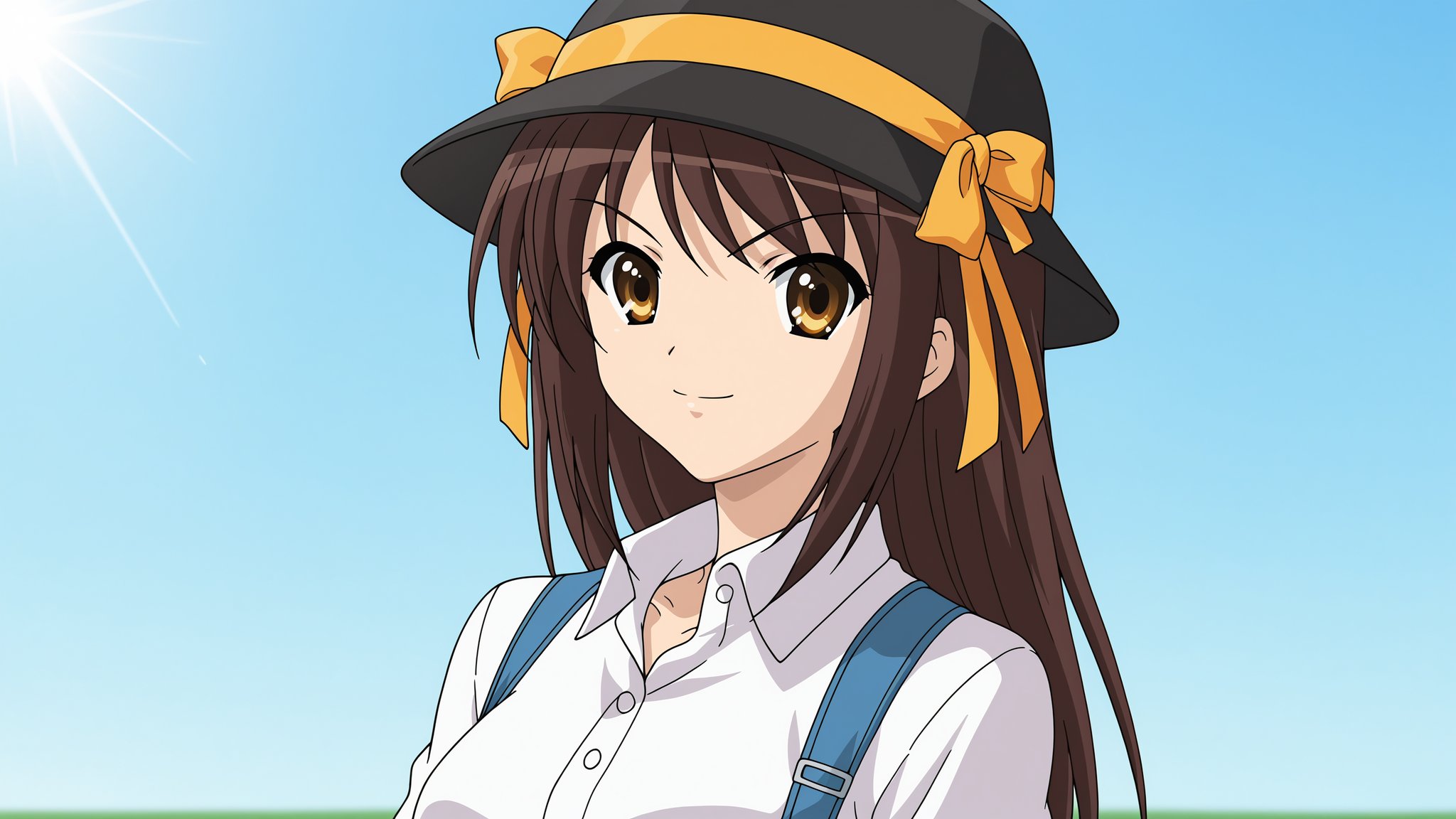 A high-resolution, best quality image of Haruhi Suzumiya with long hair, wearing a leather hat, white dress shirt, jeans jumpsuit dress, in a field, looking for you, and looking impeccable. The scene is softly lit with natural lighting, highlighting her detailed outfit and dynamic pose. The composition captures her from head to toe, showcasing her authoritative presence and commanding demeanor. The atmosphere is vibrant and beautifully lit, emphasizing her confident expression and professional demeanor.