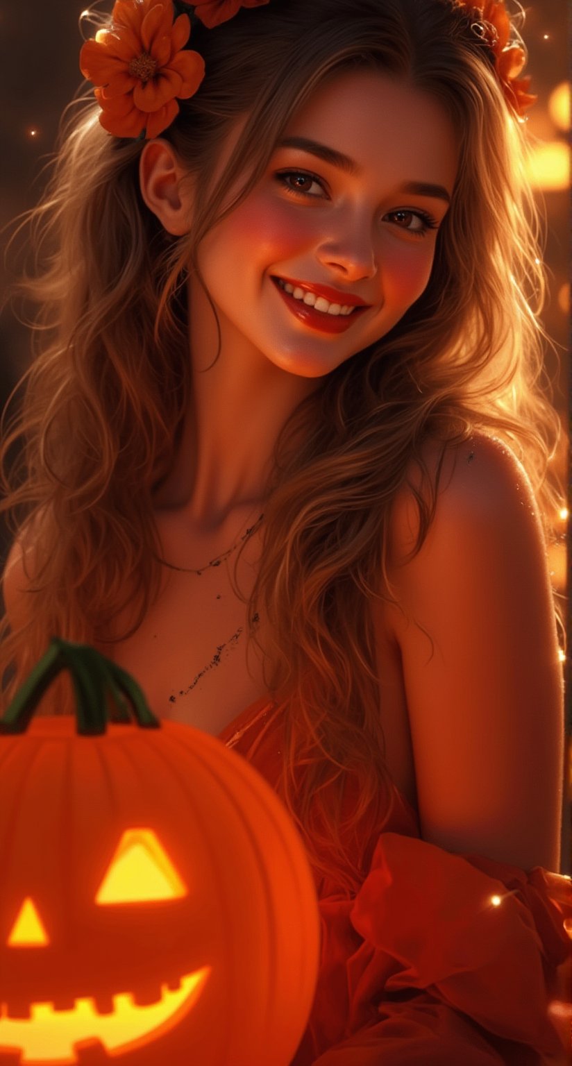 Western customs: October 31st is Halloween every year. On this day, the Holy Spirit will come down and some evil spirits will escape. Today, a beautiful and charming European woman is going to attend a friend's party. She also follows the custom of wearing charming and sexy clothes. This popular pumpkin costume looks particularly beautiful and charming. A beautiful and charming woman, she has beautiful long curly hair and bright and beautiful eyes with long eyelashes. "The woman wears various styles of pumpkin costumes in colorful colors and various Halloween masks." "Super beautiful and charming". Pumpkin lanterns emit light of various colors. "The colorful pumpkin lanterns make the woman's face more beautiful and charming", she smiles and feels happy. Anime style, various colors The combination of water, oil, pastel ink and exquisite hand-drawn sketches is like a real photo, light and shadow, this is a good photo.,Glass