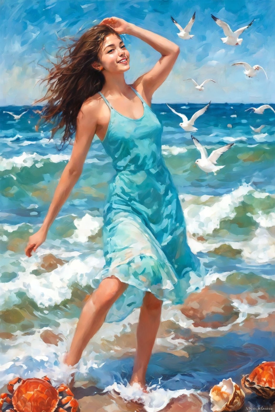 Painting depicting athletic female teenager, dynamic pose, joy, seagulls, crabs, seashells, strong ocean waves, blue sky, style of Paul Hedley, happy celebration of nature, Mark Large, Jessica DeRosen, vintage Aesthetics, Automatism, MediumTurquois, SkvBlue and Color Palettes.