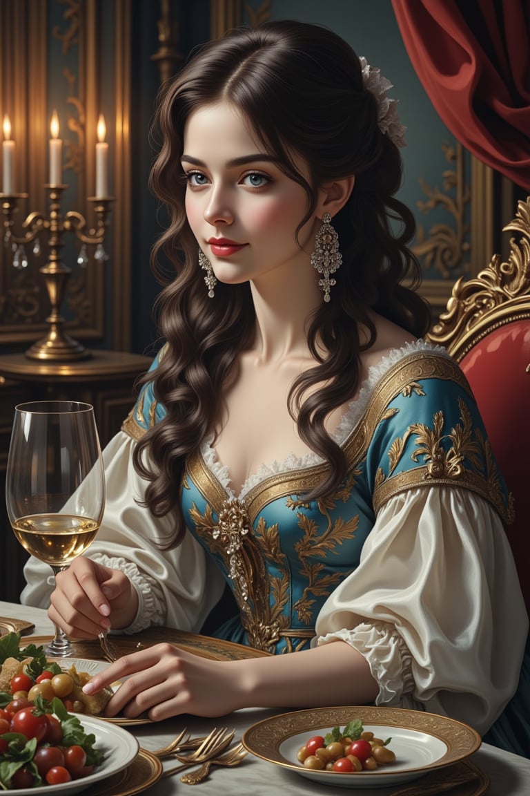 A Young Countess Seated at Dinner - A sumptuous French dining room in the early 1600s,  adorned with velvet drapes and orn...
