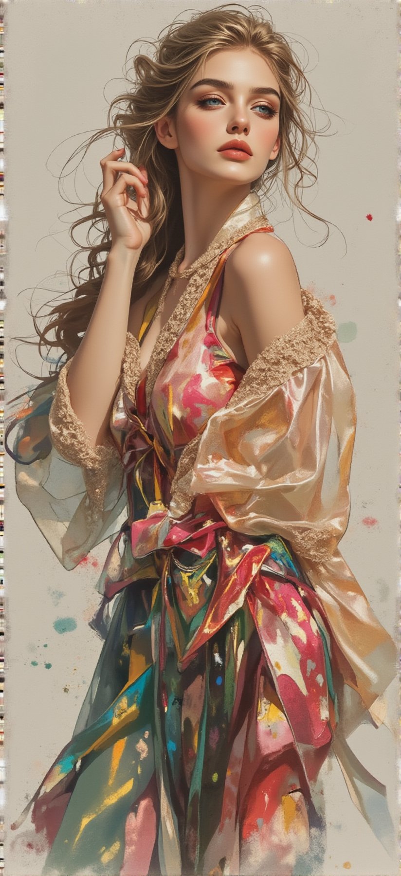 A beautiful European beauty with a tall, sexy, and well-proportioned figure, dressed in fashionable clothes with a stylish, aristocratic feel that is both casual and elegant. The artwork features a detailed, realistic depiction in watercolor and gouache, showcasing a lifelike quality and masterpiece status. The 128K resolution captures colored light wavelengths, attractive reflections, and a fine gouache sketch in the center. The modern art style highlights the beauty's allure and sophistication.