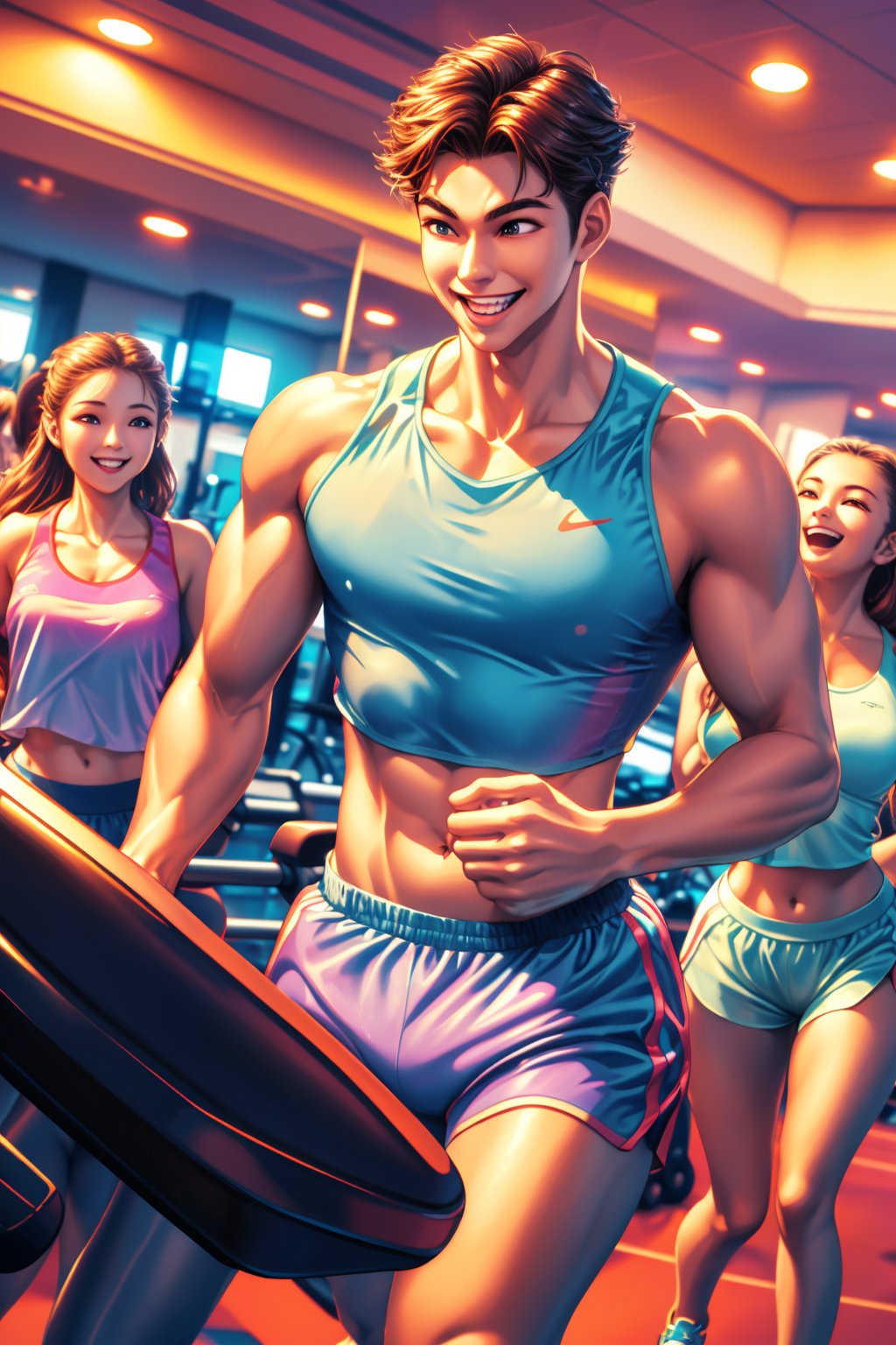 A high-quality 3D rendering masterpiece, showcasing a strikingly handsome Korean male supermodel, full of youthful energy as he jogs on a treadmill in a bustling fitness center. Sweat glistens on his skin, highlighting his dedication to fitness and his joyful demeanor. Dressed in a sporty top and shorts, his athletic form is accentuated by the dynamic lighting, casting soft yet defined shadows that bring out the depth of his sculpted features. Attracting the attention of several girls in the gym, they gather around him, eager to discuss fitness tips. His patient and engaging explanations create a warm and lively atmosphere, capturing a moment of shared enthusiasm and camaraderie in the vibrant fitness setting.