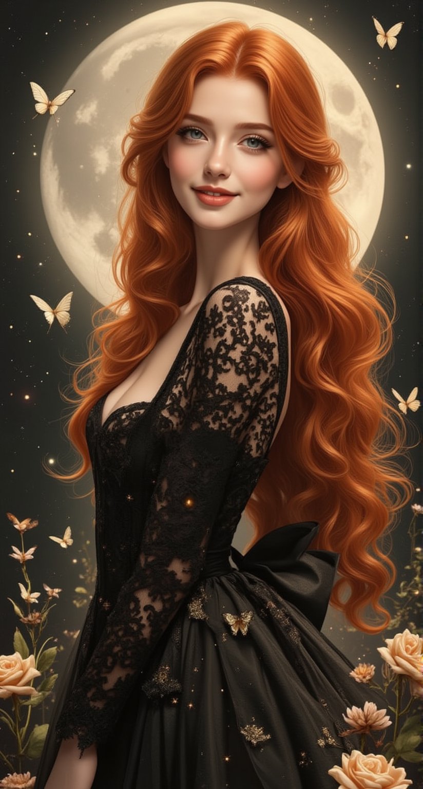 A beautiful and charming French witch girl with a charming smile, with long random red wavy hair, wearing a black lace layered dress made of soft velvet material. The dress is embroidered with star patterns and has an elegant texture. The background is simple with a double exposure of a moonlit scene within a star shape. She holds a magic wand in one hand and puts the other to her cheek and smiles. It uses multiple effects, random focus and depth of field, and is surrounded by glowing butterflies and small flowers. The slender frame decoration creates a bright atmosphere. ,Fantasy Girl,VNS_Add more details,colors,new rococo art.