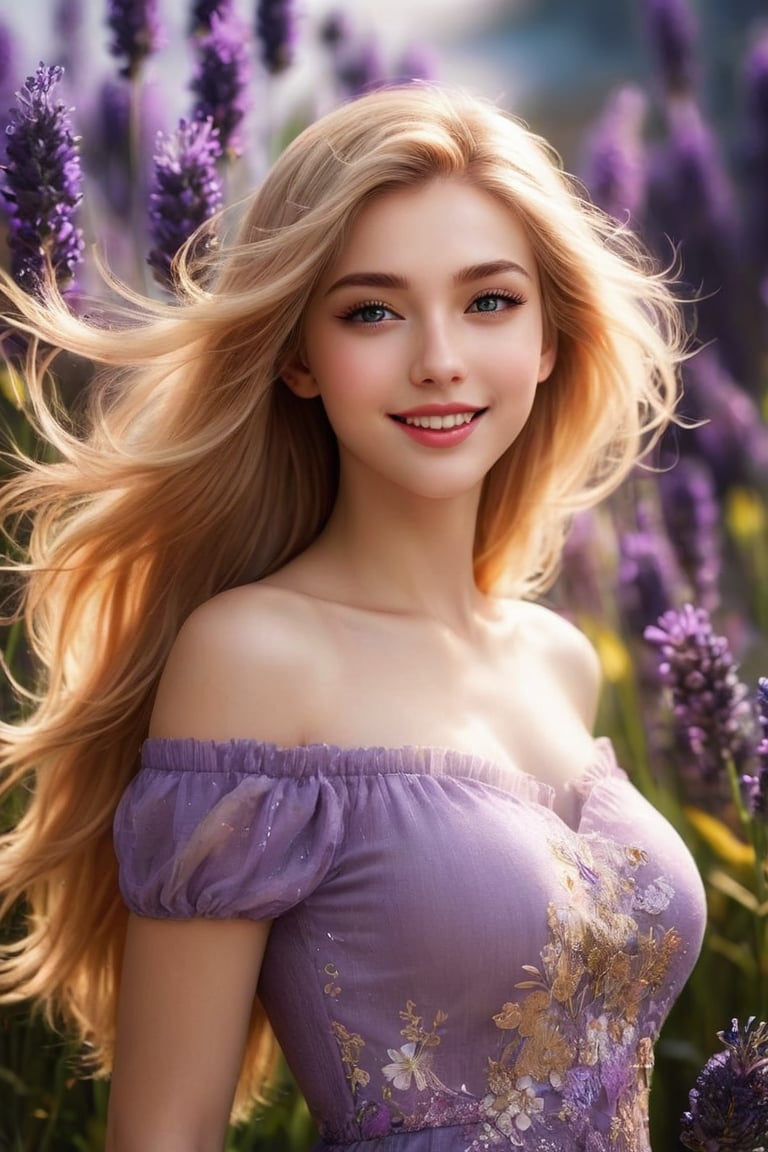 
Girl 1, ultra-high definition, wind-blown hair, purple eyes, long straight golden hair, exquisite facial features, big eyes, long and dense eyelashes, big smile, very white skin, very white, {{{Masterpiece} } }, {{Highest quality}}, high resolution, high definition, natural pose girl in daily life 1, second high definition, wind-blown hair, purple eyes, long straight blonde hair, exquisite facial features, smile, {{ {Masterpiece}}}, {{Highest Quality}}, High Resolution, High Quality, Natural Poses in Everyday Life, Very Realistic, Best Coordination, Colors, Designs, Kasturi, Ishiqa, Groups of Lavender Flowers Behind Girls . , color ink effect, and ink effect. full bdoy , girl wear beautiful drss.
