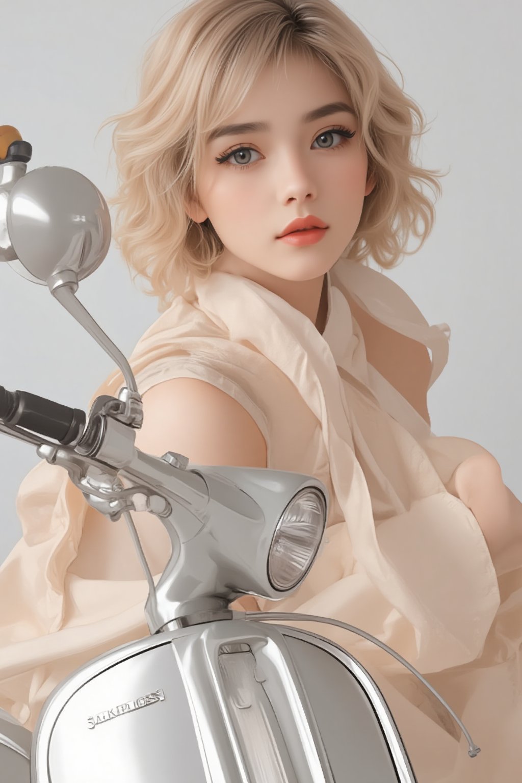 (by Loish, Leyendecker), anime girl, retro, sitting on a (silver scooter), SamYangstyle, soft, super cute face, soft colors, blush, dreamy, more detail XL, 