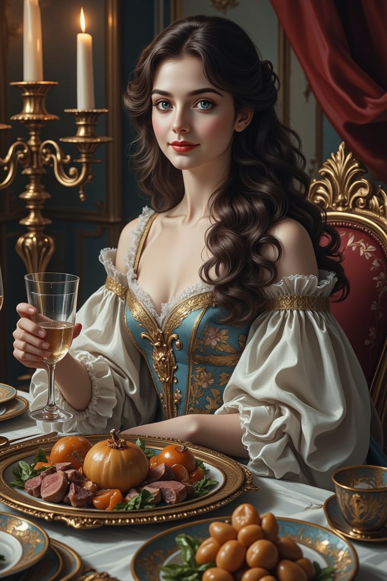 A Young Countess Seated at Dinner - A sumptuous French dining room in the early 1600s,  adorned with velvet drapes and orn...