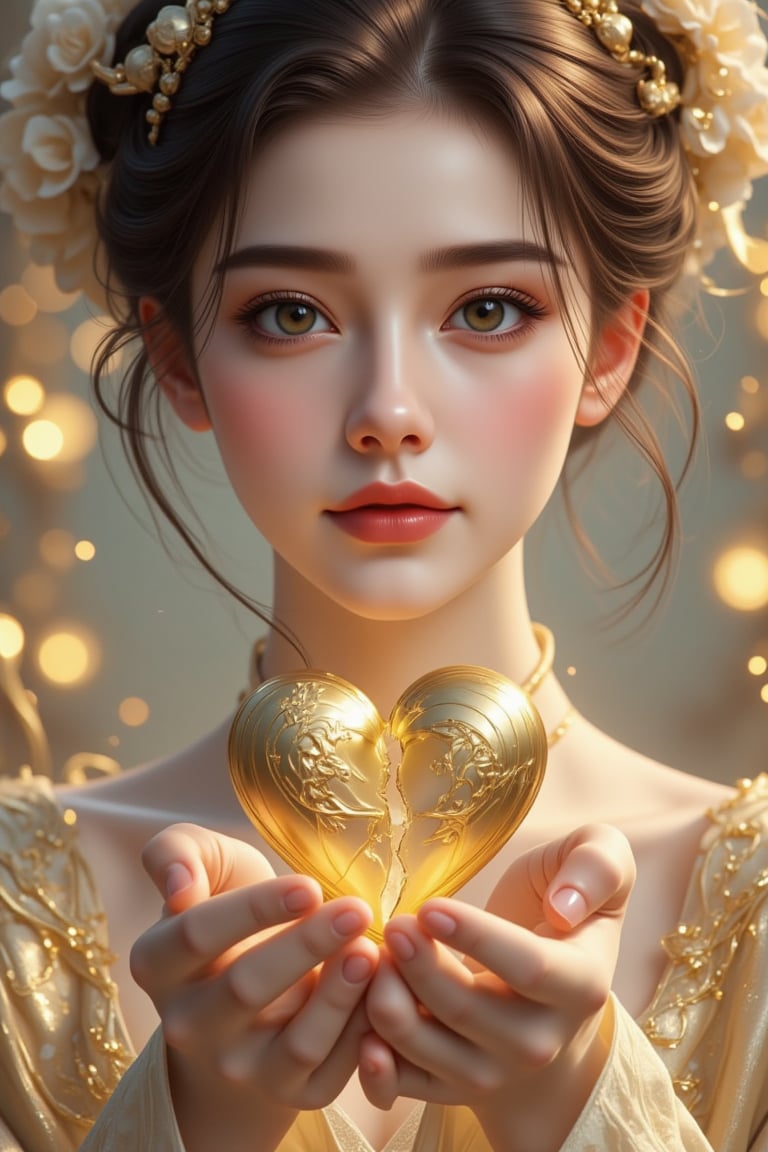 A beautiful and charming woman holds a heart-shaped gold heart in her hands (metal reflection).She sadly looked at the pur...