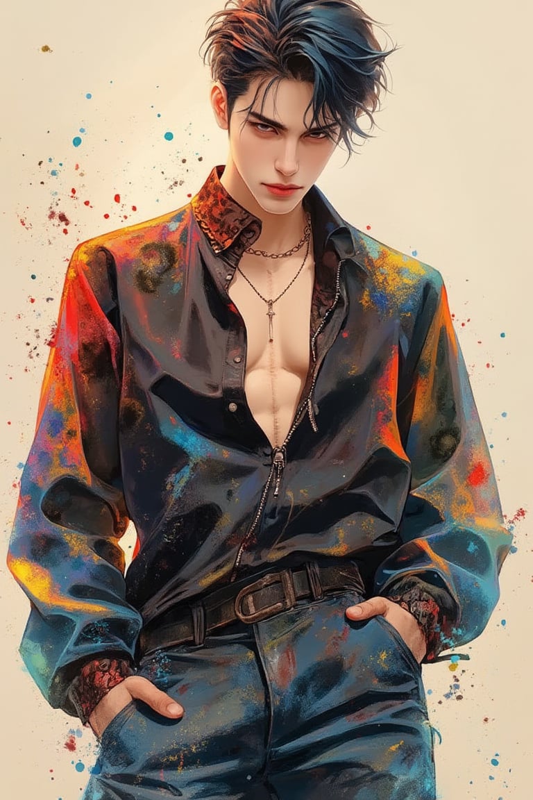 A beautiful European emo handsome guy, tall and sexy, with a well-proportioned figure. He wears fashionable clothes with a fashionable aristocratic feel, casual yet elegant. Using watercolor and gouache splashes, the artwork showcases masterpiece quality and stunning imagery. 128K resolution captures colorful light wavelengths, mesmerizing reflections, and the beautiful gouache sketch in the center. Modern art style highlights beauty and sophistication.