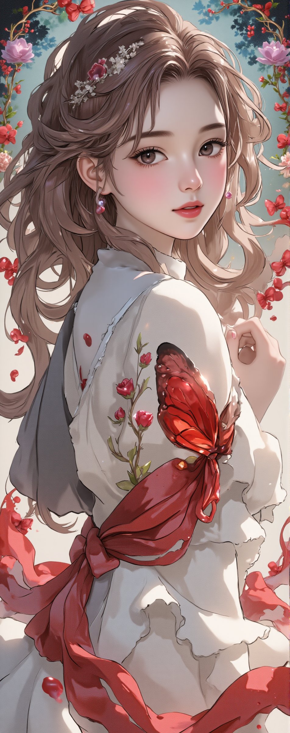 Illustration of a beautiful and charming 19 year old woman with dream elements,  light red,  light black and rainbow cryst...