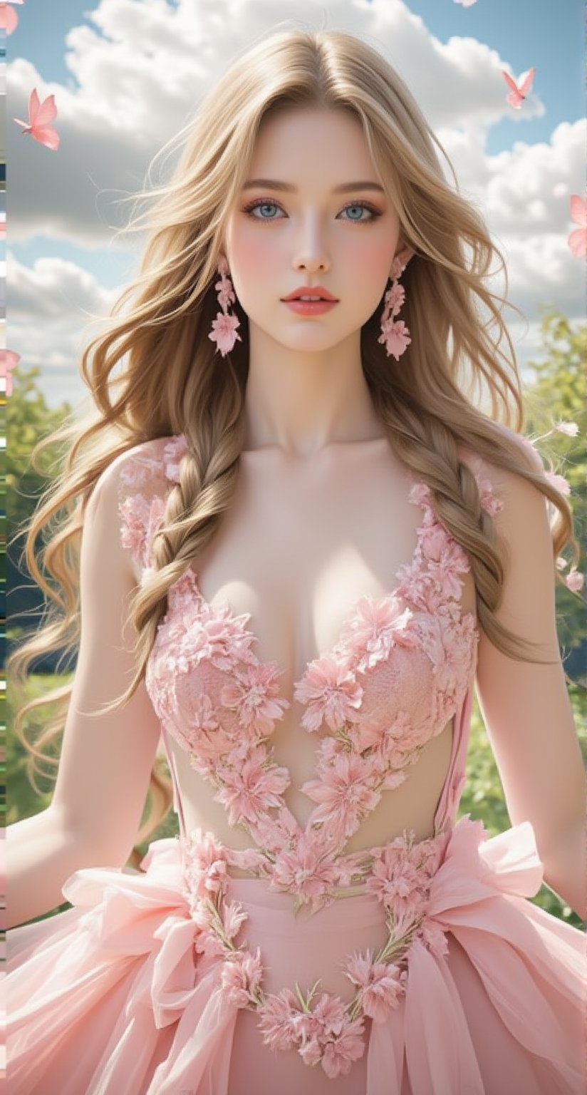 A beautiful and charming British girl, with beautiful long wavy golden hair, soft brilliance, gentle and graceful bright blue eyes, light and graceful movements, elegant and dignified manners, gentle and kind smile, and flowing lines, showing the feminine Delicate emotions and gentle temperament. Beautiful on trend wavy lace dress. Swinging in the wind. Extremely beautiful. Animation and Rococo Art. Excellent super high quality. The sky is filled with bright butterflies and all kinds of bright flower braids. light and shadow.