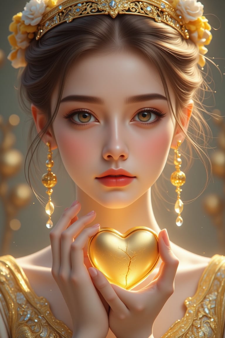 A beautiful and charming woman holds a heart-shaped gold heart in her hands (metal reflection).She sadly looked at the pur...