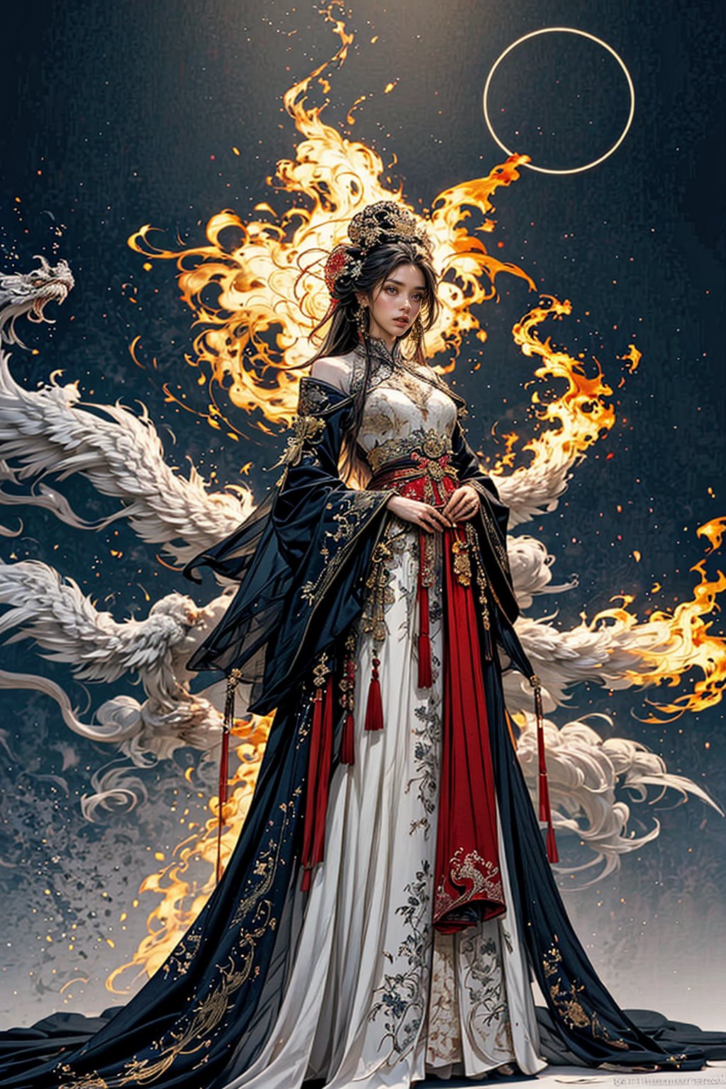 {{Excellent work, super high quality}}} A full-length shot of the character standing in a majestic posture, a surreal reproduction of the fantasy Chinese queen, wearing the most gorgeous wedding Hanfu made of black and (red: 1.2) silk, It is heavily embroidered with gold and silver thread, (wide sleeves: 1.2)), intricately carved gold badges and tassels, gold lines, fire and flames and smoke. Artwork by Yoshitaka Amano and Fenghua Zhong, stunning interpretive vision, Gothic grandeur, colorful, lifelike eyes, dreamlike magical atmosphere, (film grain), (warm tones, warm tones), film Lighting, side light, Zhong Fenghua, horror (theme), Dragon_aodai_nam, angel halo, light and shadow. Ink design.,<lora:659111690174031528:1.0>